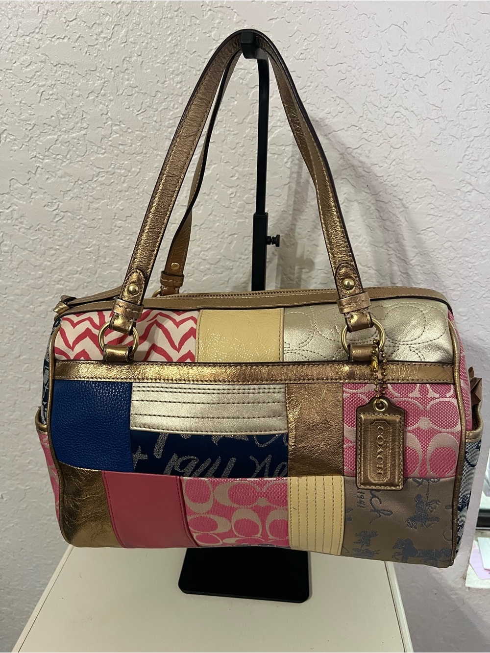 Coach Multicolor Patchwork Satchel in Pink, Gold, Blue
